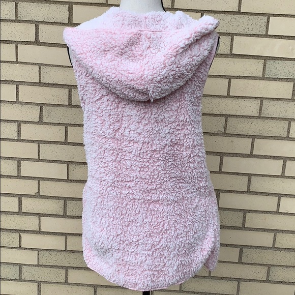 PINK SHERPA SLEEVELESS OPEN STYLE VEST HOODIE - Picture 6 of 8